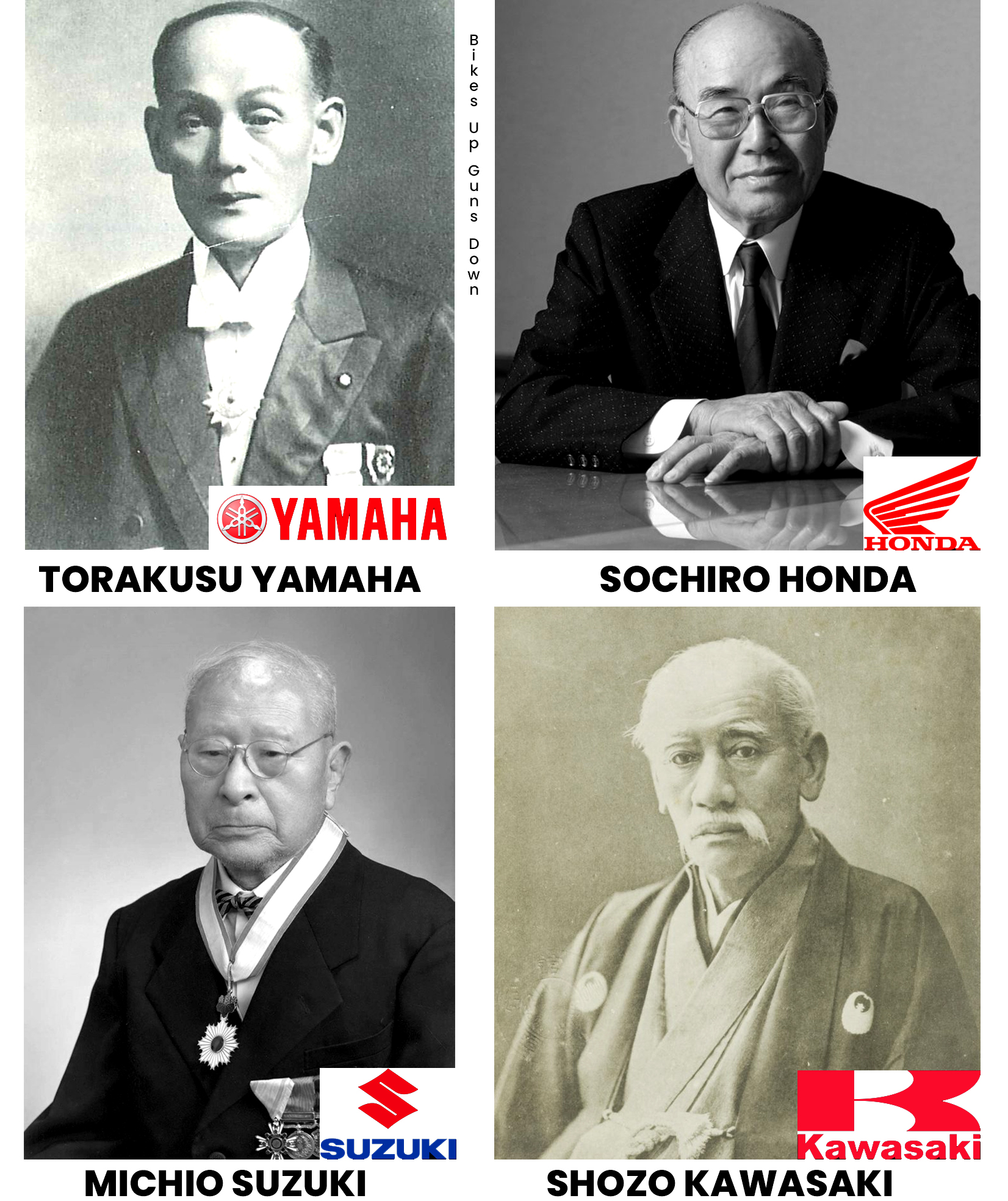Les Fondateurs des marques Yamaha, Honda, Suzuki et Kawasaki